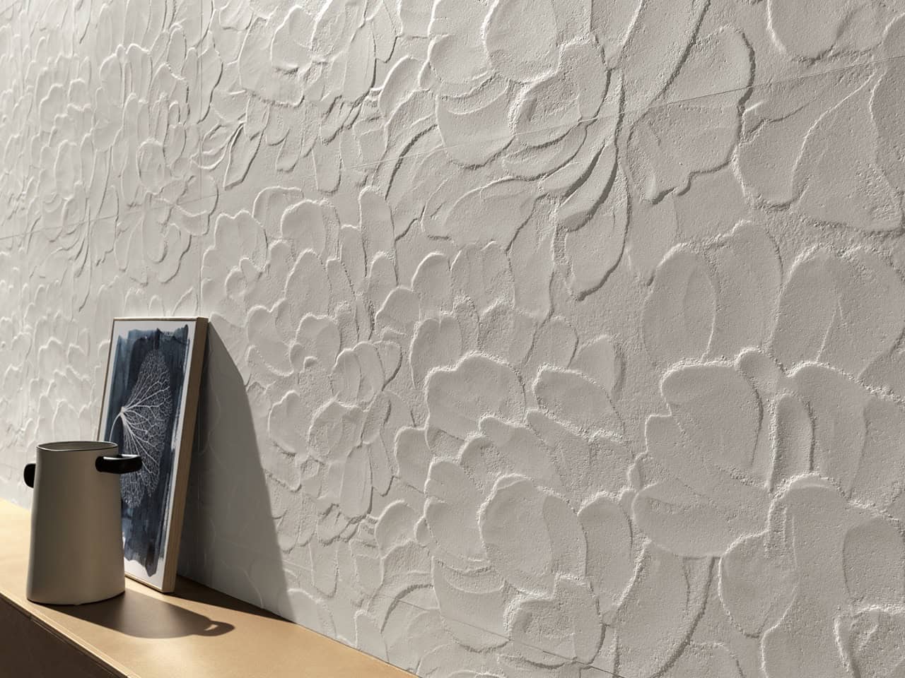 sand art white blossom bathroom 3D feature wall tile