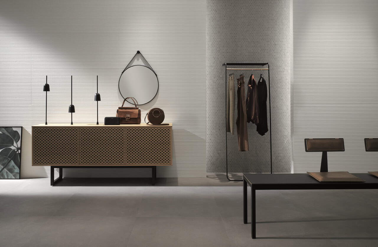 lumina sand art white stripes showroom 3D feature wall tile
