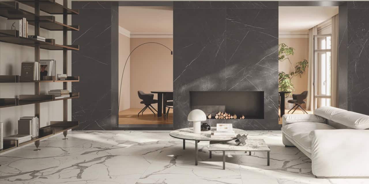 Anima Futura Majestic White 120x120 Matt; Anima Wonder Glacier Silk; Cocoon Glee Chevron 7.5x45 Matt; Anima Graphite 120x278 Silk (Slider)