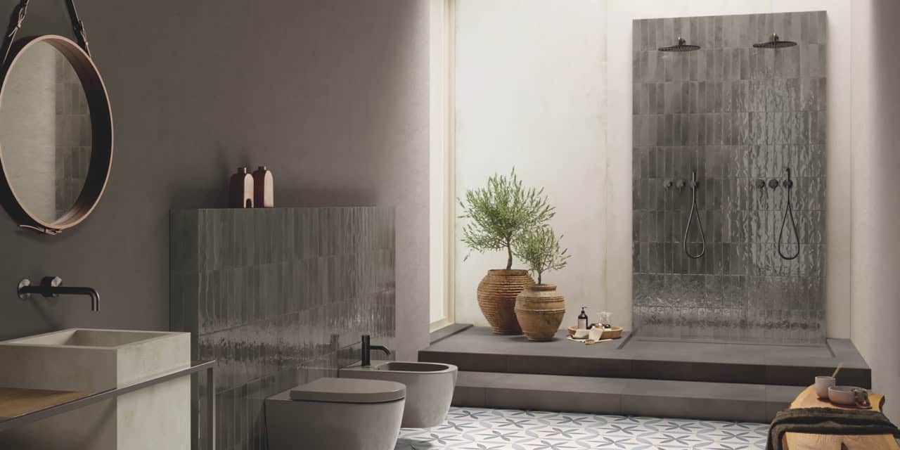 Glim Grigio Fumo 6x24 Brillante; Firenze Esagono Fiore 21.6x25 Gloss; Ylico Light 120x278 Matt; Milano Mood Cemento (Slider)