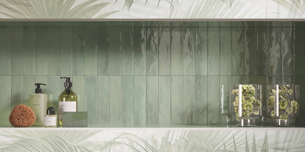 Glim Salvia 6x24 Brillante; Color Mood Tropical 80x160; Color Mood Menta 80x160; Gemme Menta Brillante; Gemme Menta Macromosaico 30x30 Brillante; FAP+ Sguardi; FAP+ Contatti (Slider)