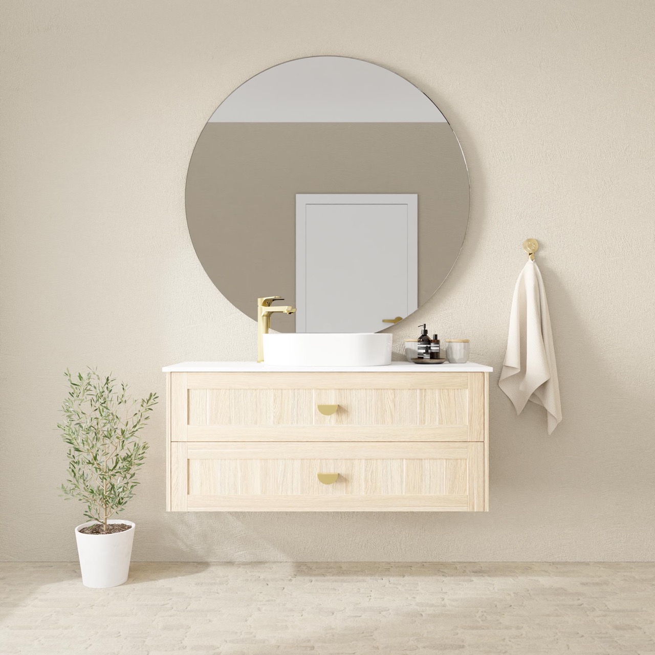 Pier 4 - 1200mm Centre Basin - Wallmount 2-Drawer - Symphony Blanco Top - Natural Oak Cabinet - Stadia White Gloss Basin - Brushed Brass Luna Pull Handles