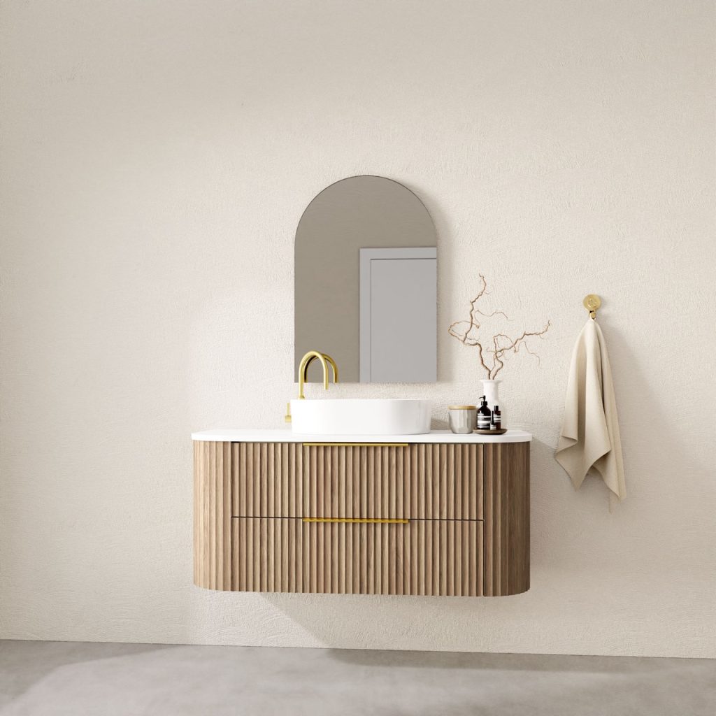 Shore 3 - 1200mm Centre Basin - Wallmount 2-Drawer - Symphony Blanco Top - Prime Oak Cabinet - Stadia White Gloss Basin - 350mm Brushed Brass Top Pull Handles